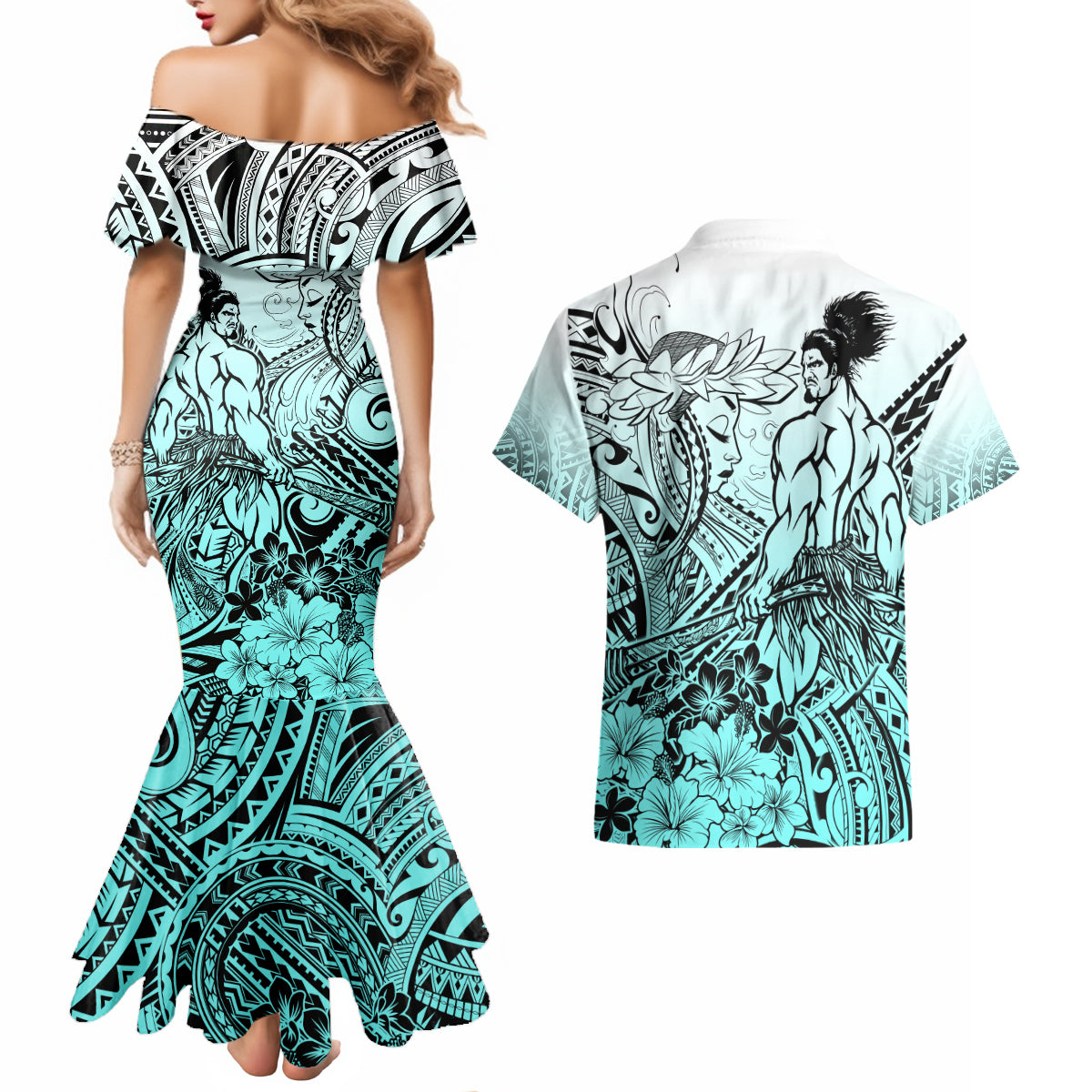 Beauty and The Warrior Polynesian Valentine Couples Matching Mermaid Dress and Hawaiian Shirt Hibiscus FLowers Turquoise Style LT9 - Polynesian Pride