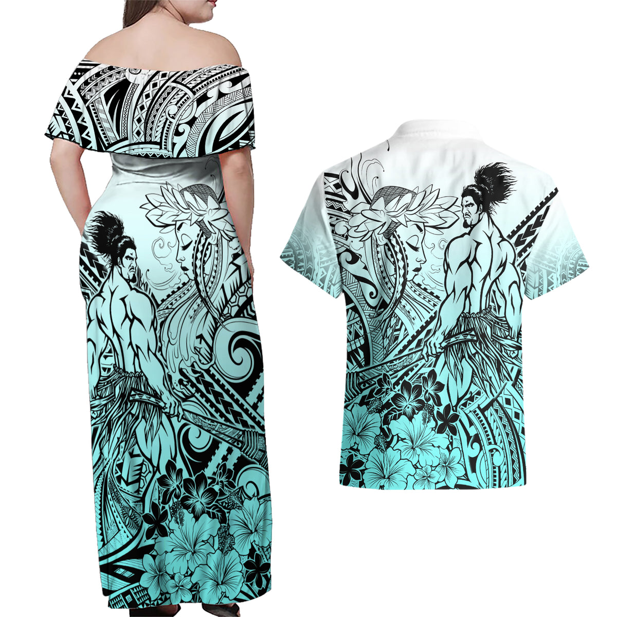 Beauty and The Warrior Polynesian Valentine Couples Matching Off Shoulder Maxi Dress and Hawaiian Shirt Hibiscus FLowers Turquoise Style LT9 - Polynesian Pride