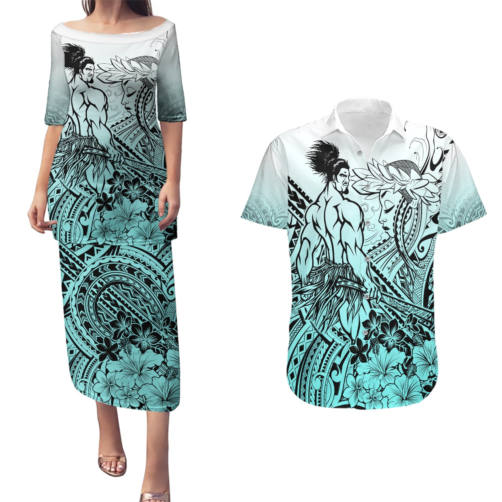 Beauty and The Warrior Polynesian Valentine Couples Matching Puletasi Dress and Hawaiian Shirt Hibiscus FLowers Turquoise Style LT9 Turquoise - Polynesian Pride