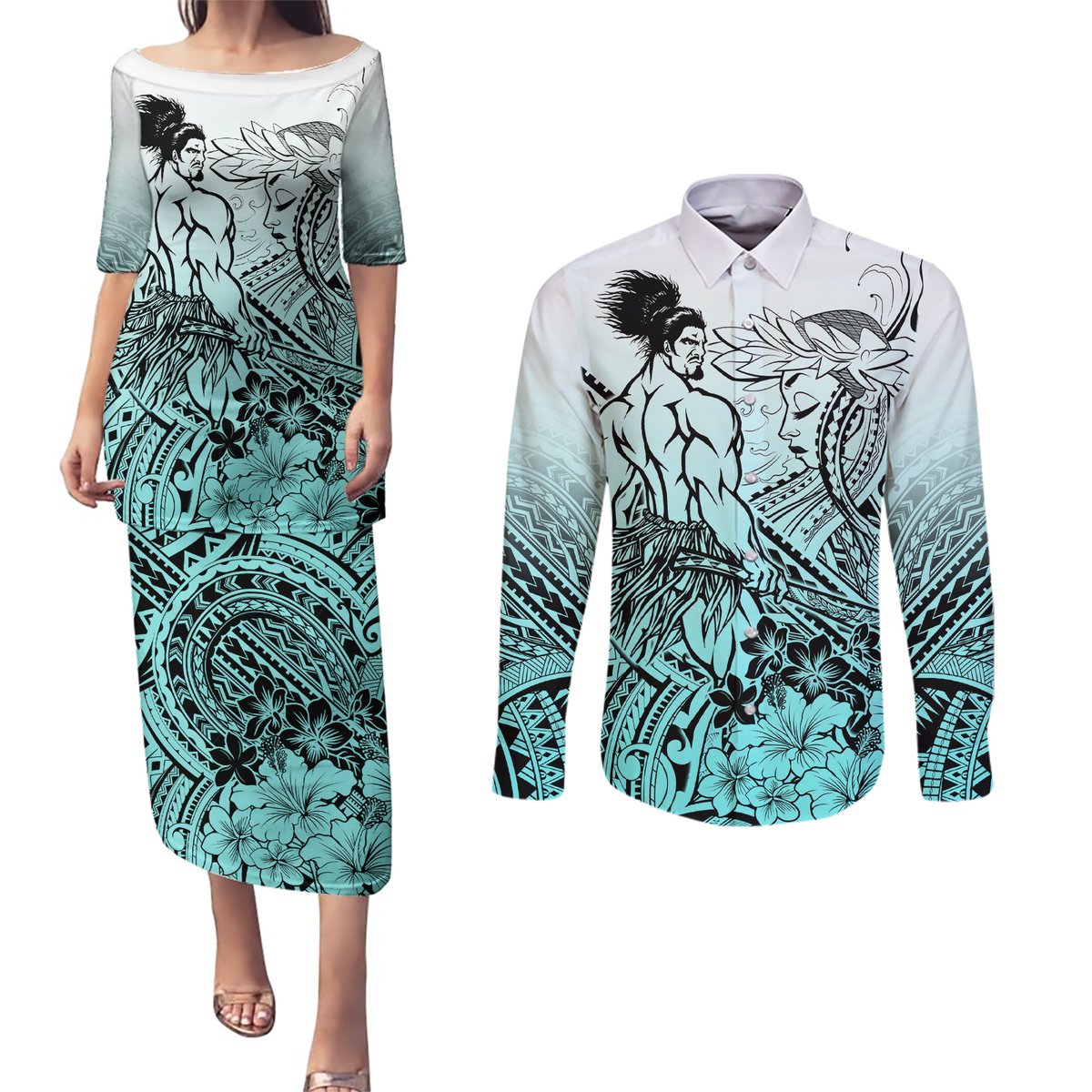 Beauty and The Warrior Polynesian Valentine Couples Matching Puletasi Dress and Long Sleeve Button Shirt Hibiscus FLowers Turquoise Style LT9 Turquoise - Polynesian Pride