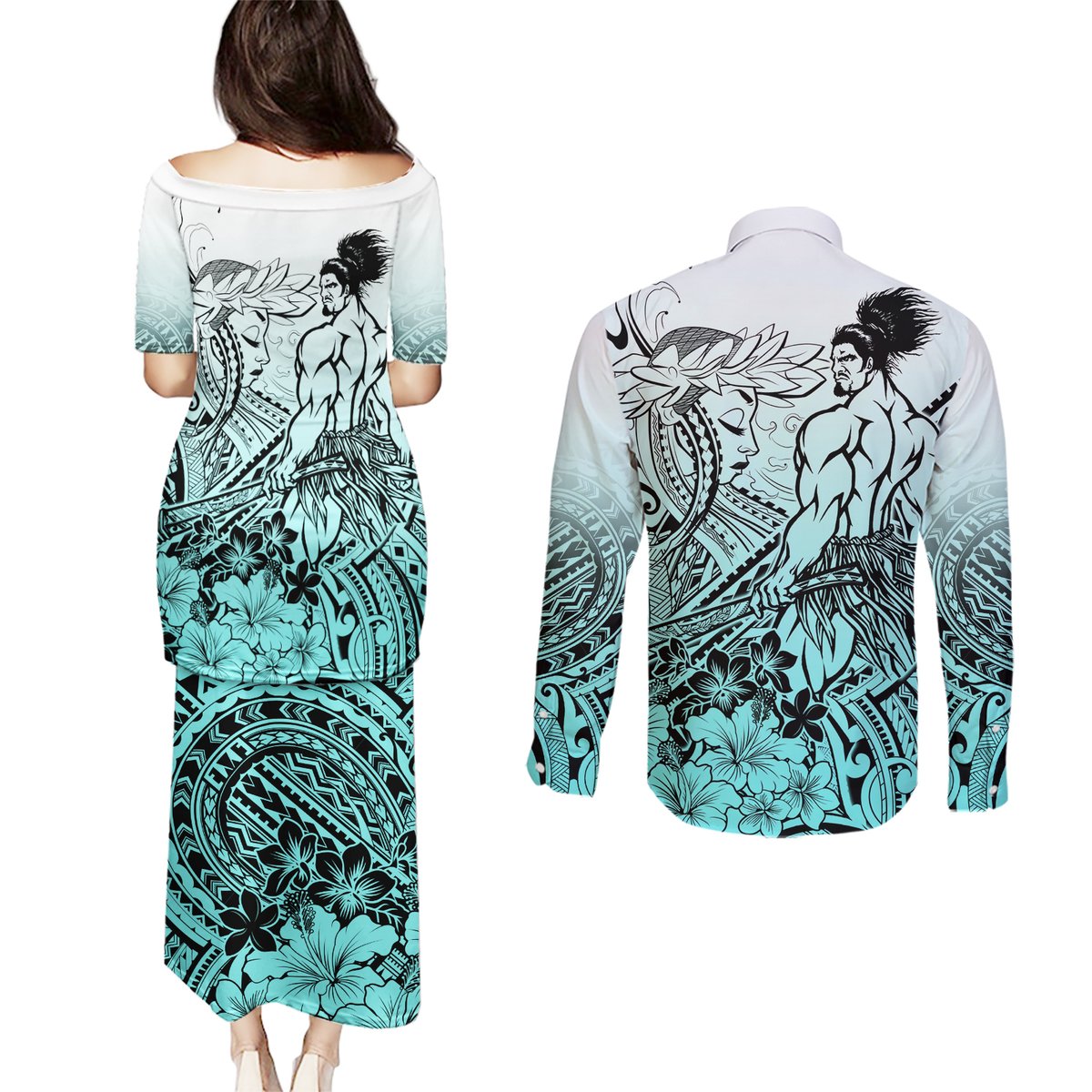 Beauty and The Warrior Polynesian Valentine Couples Matching Puletasi Dress and Long Sleeve Button Shirt Hibiscus FLowers Turquoise Style LT9 - Polynesian Pride