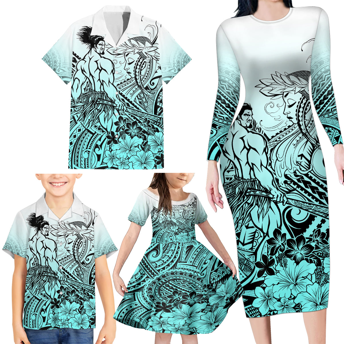 Beauty and The Warrior Polynesian Valentine Family Matching Long Sleeve Bodycon Dress and Hawaiian Shirt Hibiscus FLowers Turquoise Style LT9 - Polynesian Pride