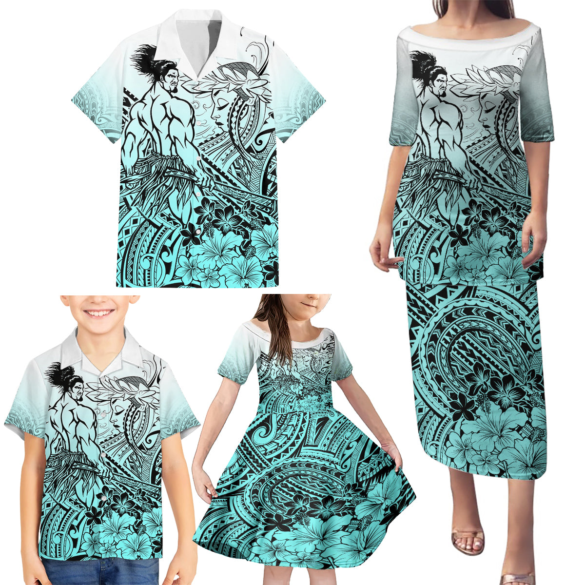 Beauty and The Warrior Polynesian Valentine Family Matching Puletasi Dress and Hawaiian Shirt Hibiscus FLowers Turquoise Style LT9 - Polynesian Pride