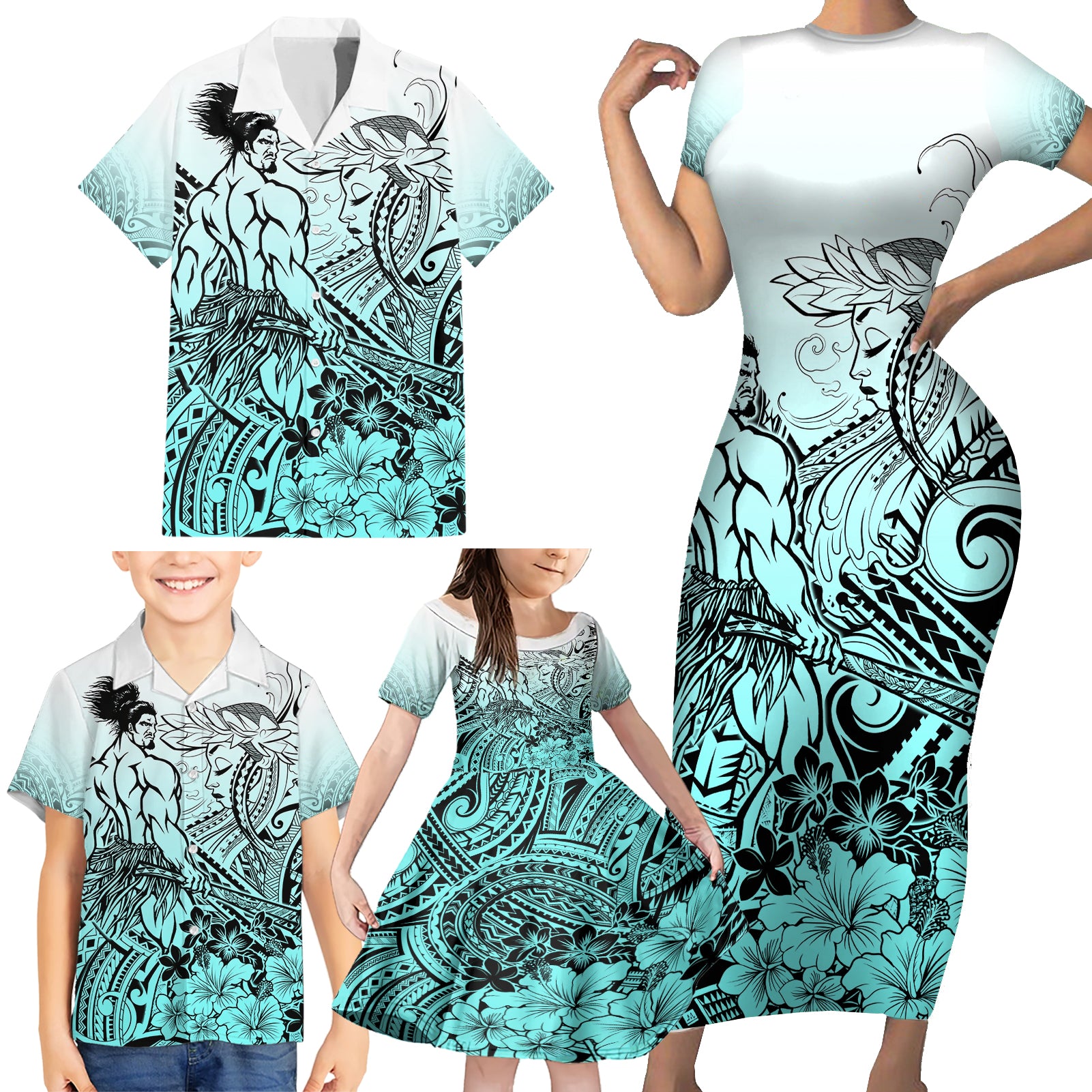 Beauty and The Warrior Polynesian Valentine Family Matching Short Sleeve Bodycon Dress and Hawaiian Shirt Hibiscus FLowers Turquoise Style LT9 - Polynesian Pride