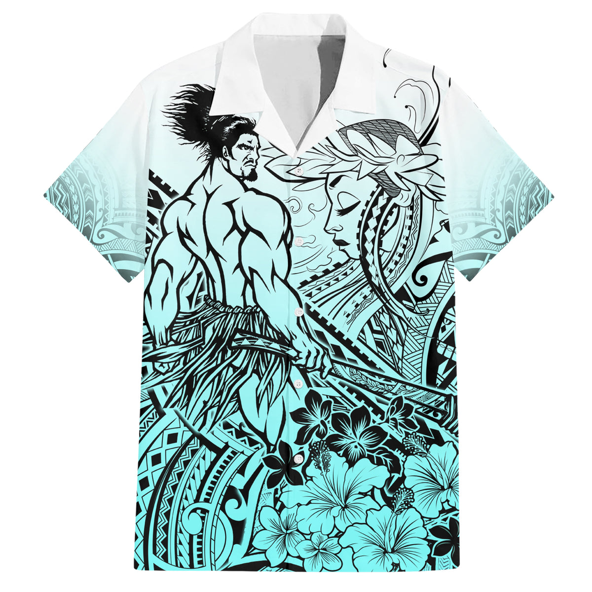 Beauty and The Warrior Polynesian Valentine Family Matching Short Sleeve Bodycon Dress and Hawaiian Shirt Hibiscus FLowers Turquoise Style LT9 Dad's Shirt - Short Sleeve Turquoise - Polynesian Pride