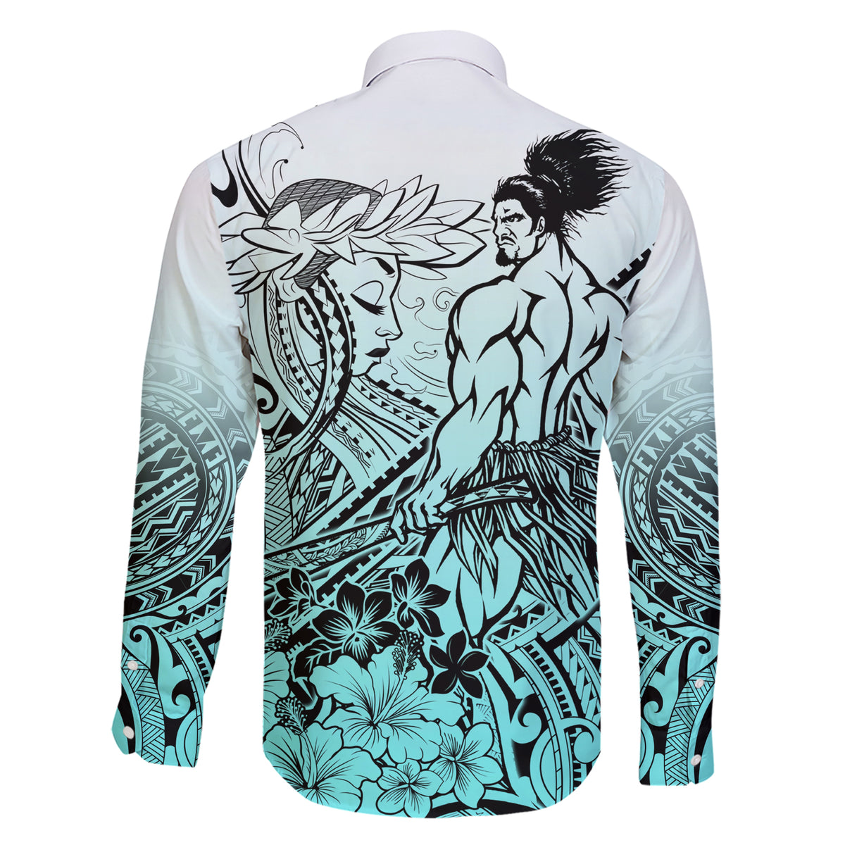 Beauty and The Warrior Polynesian Valentine Family Matching Short Sleeve Bodycon Dress and Hawaiian Shirt Hibiscus FLowers Turquoise Style LT9 - Polynesian Pride