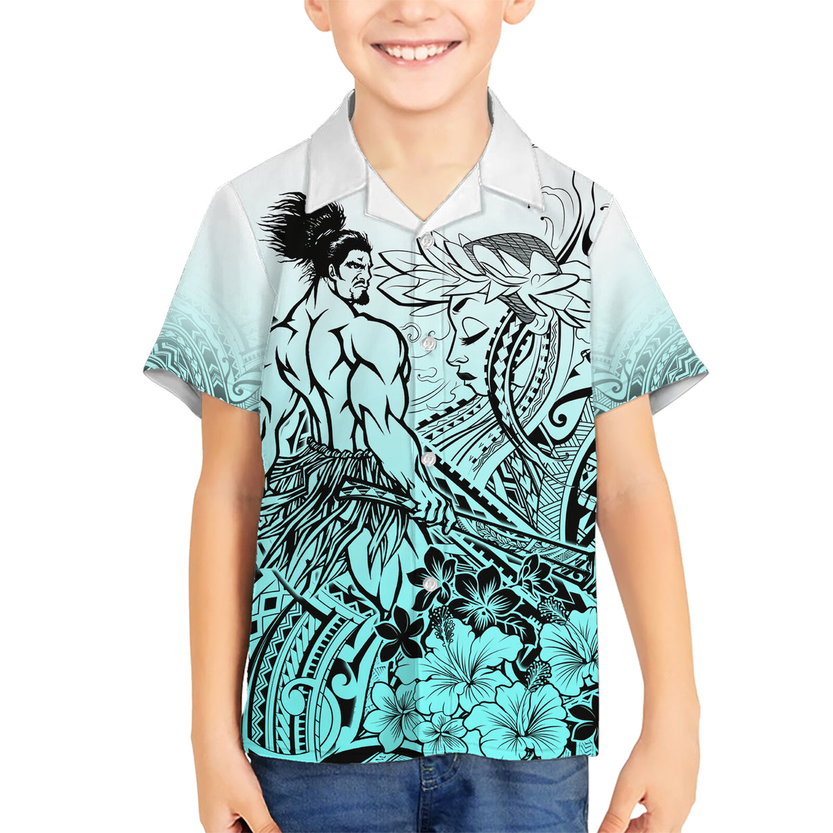 Beauty and The Warrior Polynesian Valentine Family Matching Short Sleeve Bodycon Dress and Hawaiian Shirt Hibiscus FLowers Turquoise Style LT9 Son's Shirt Turquoise - Polynesian Pride