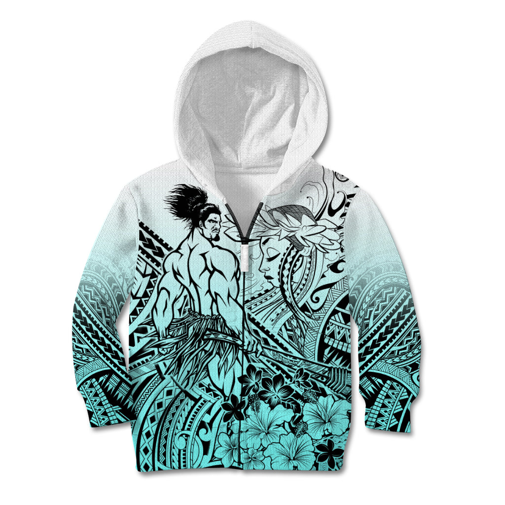 Beauty and The Warrior Polynesian Valentine Kid Hoodie Hibiscus FLowers Turquoise Style LT9 Zip Hoodie Turquoise - Polynesian Pride
