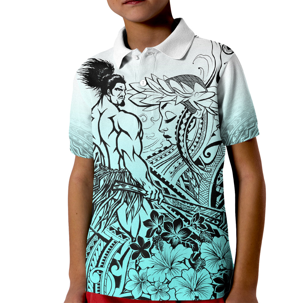Beauty and The Warrior Polynesian Valentine Kid Polo Shirt Hibiscus FLowers Turquoise Style LT9 Kid Turquoise - Polynesian Pride