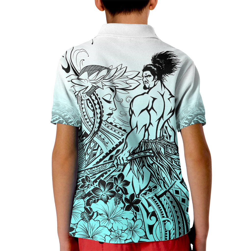 Beauty and The Warrior Polynesian Valentine Kid Polo Shirt Hibiscus FLowers Turquoise Style LT9 - Polynesian Pride