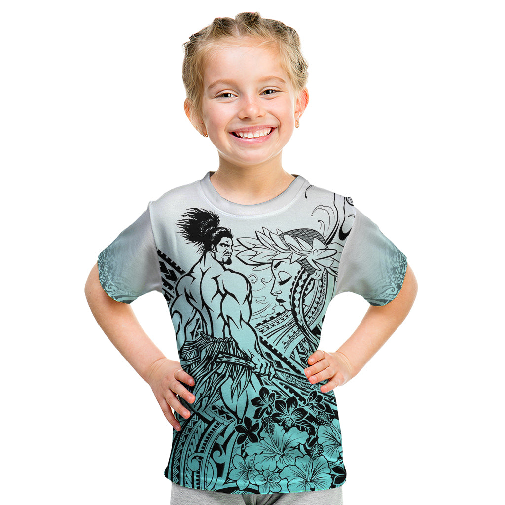 Beauty and The Warrior Polynesian Valentine Kid T Shirt Hibiscus FLowers Turquoise Style LT9 Turquoise - Polynesian Pride