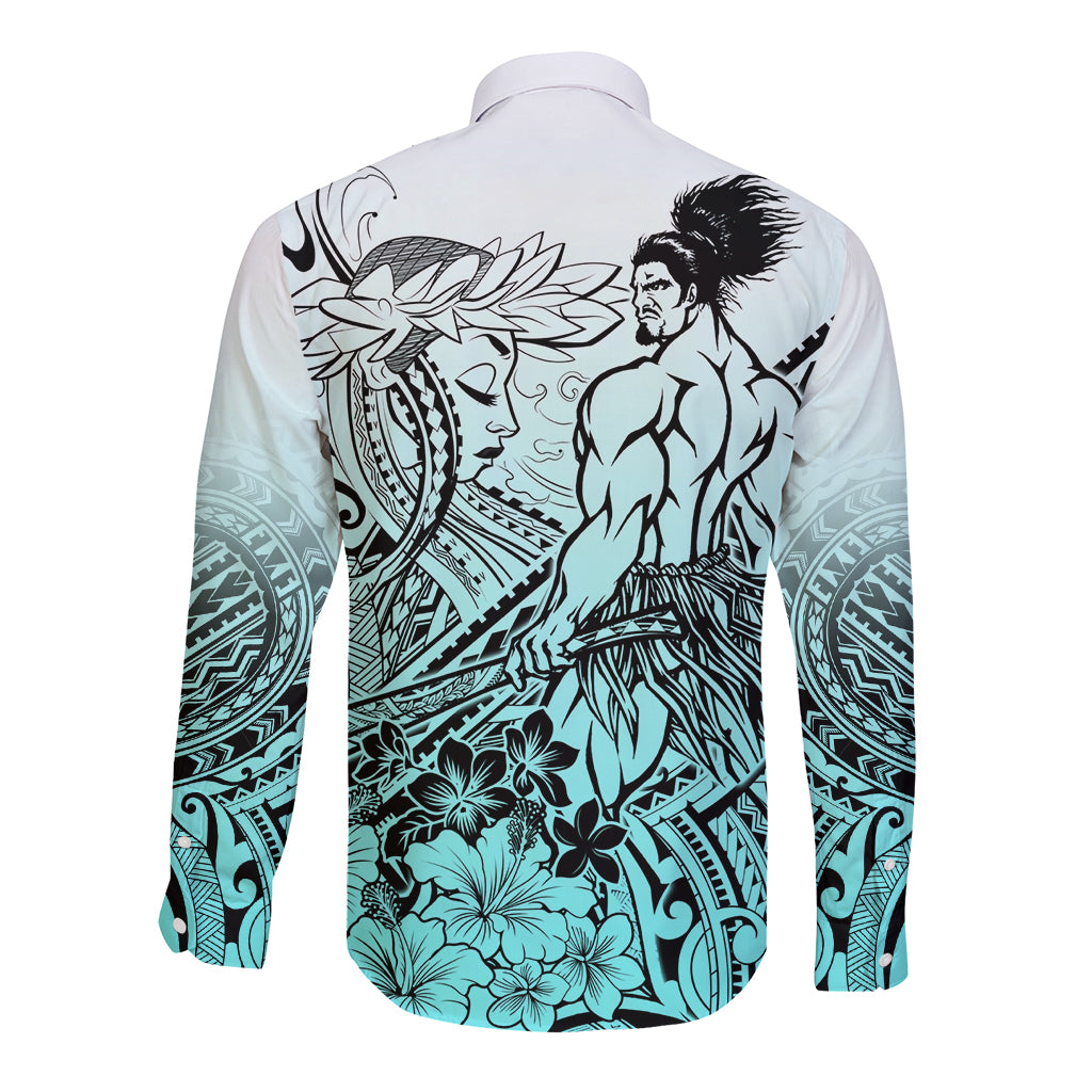 Beauty and The Warrior Polynesian Valentine Long Sleeve Button Shirt Hibiscus FLowers Turquoise Style LT9 - Polynesian Pride