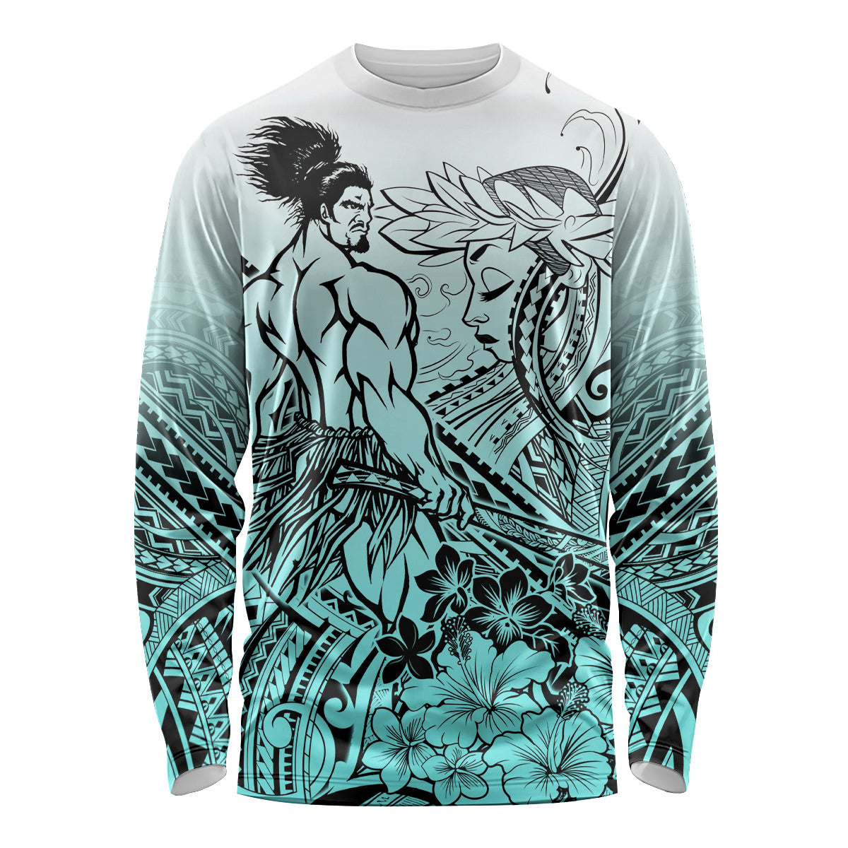 Beauty and The Warrior Polynesian Valentine Long Sleeve Shirt Hibiscus FLowers Turquoise Style LT9 Unisex Turquoise - Polynesian Pride