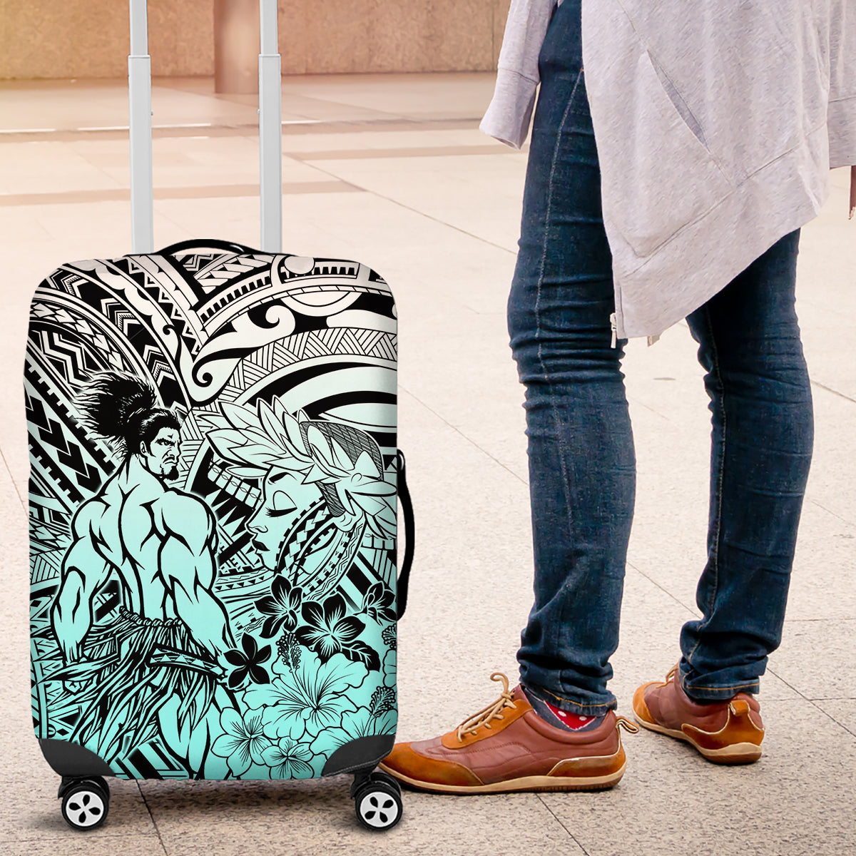 Beauty and The Warrior Polynesian Valentine Luggage Cover Hibiscus FLowers Turquoise Style LT9 Turquoise - Polynesian Pride