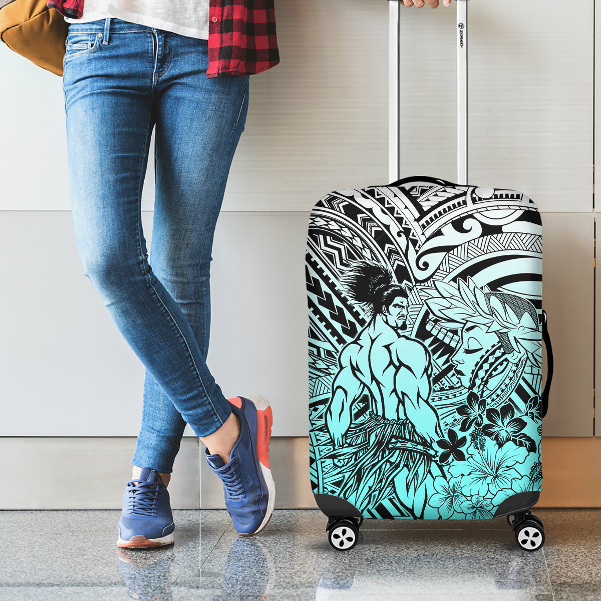 Beauty and The Warrior Polynesian Valentine Luggage Cover Hibiscus FLowers Turquoise Style LT9 - Polynesian Pride