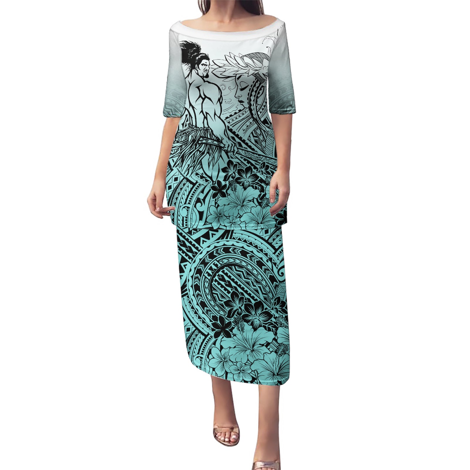 Beauty and The Warrior Polynesian Valentine Puletasi Hibiscus FLowers Turquoise Style LT9 Long Dress Turquoise - Polynesian Pride