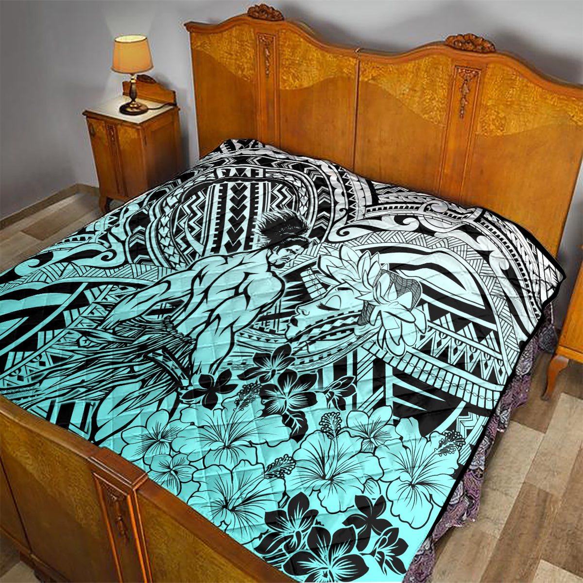 Beauty and The Warrior Polynesian Valentine Quilt Hibiscus FLowers Turquoise Style LT9 - Polynesian Pride