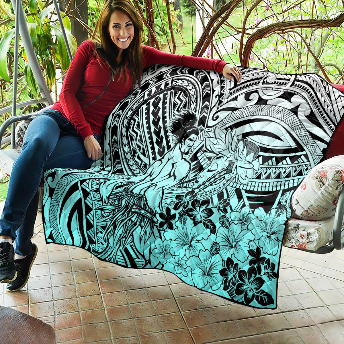 Beauty and The Warrior Polynesian Valentine Quilt Hibiscus FLowers Turquoise Style LT9 - Polynesian Pride