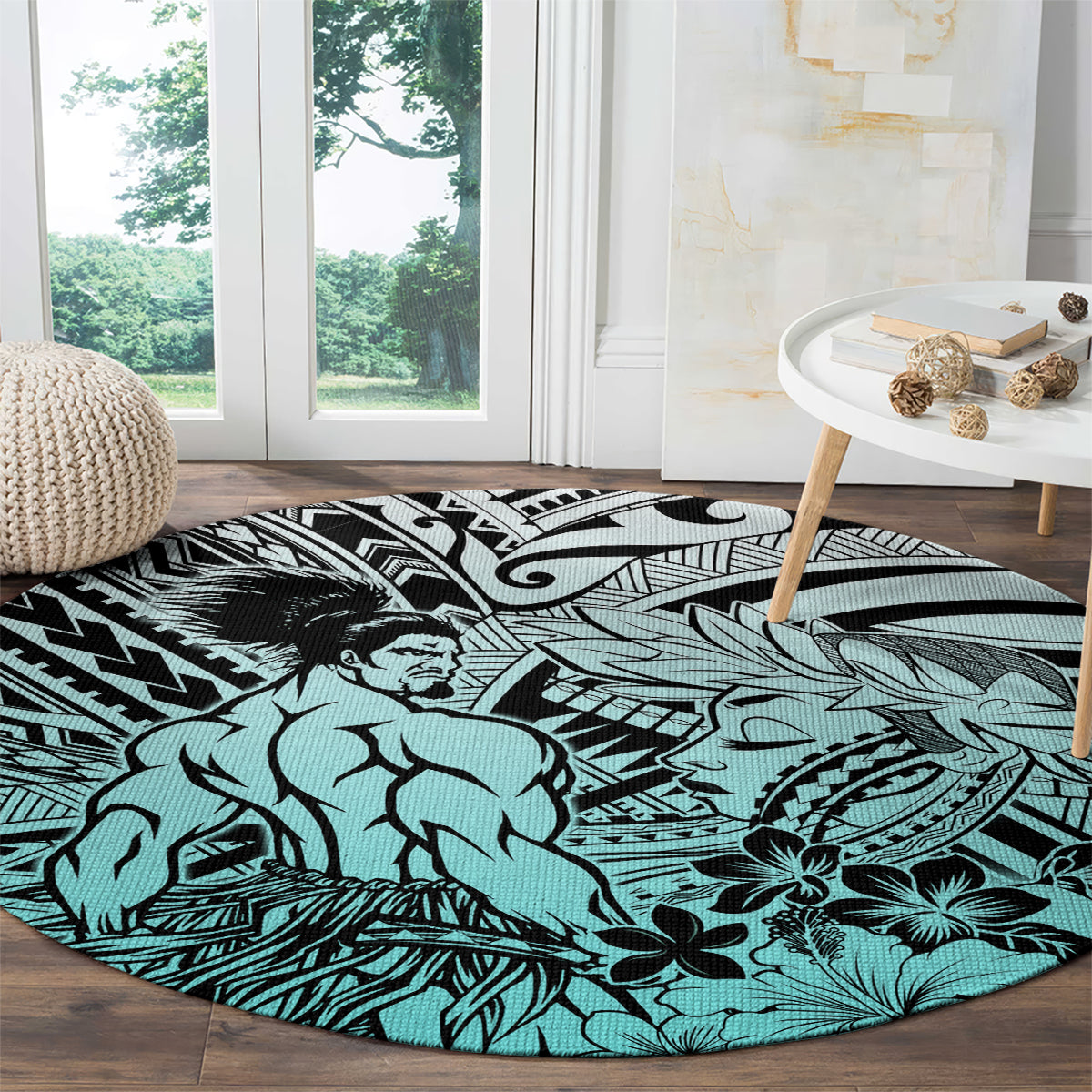 Beauty and The Warrior Polynesian Valentine Round Carpet Hibiscus FLowers Turquoise Style LT9 - Polynesian Pride