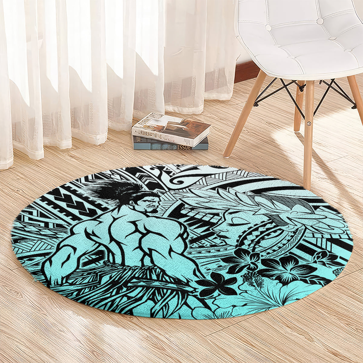Beauty and The Warrior Polynesian Valentine Round Carpet Hibiscus FLowers Turquoise Style LT9 - Polynesian Pride