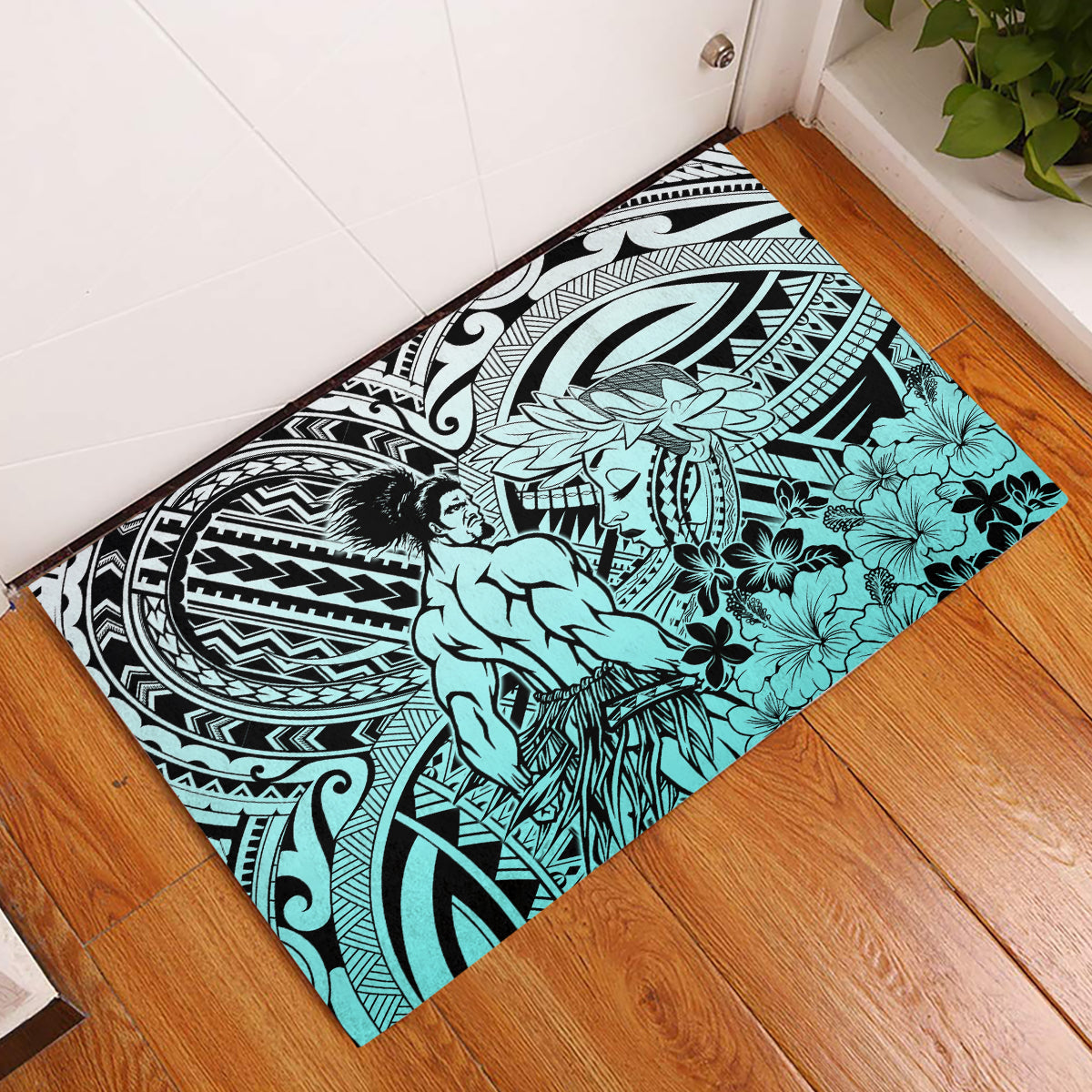 Beauty and The Warrior Polynesian Valentine Rubber Doormat Hibiscus FLowers Turquoise Style LT9 Turquoise - Polynesian Pride