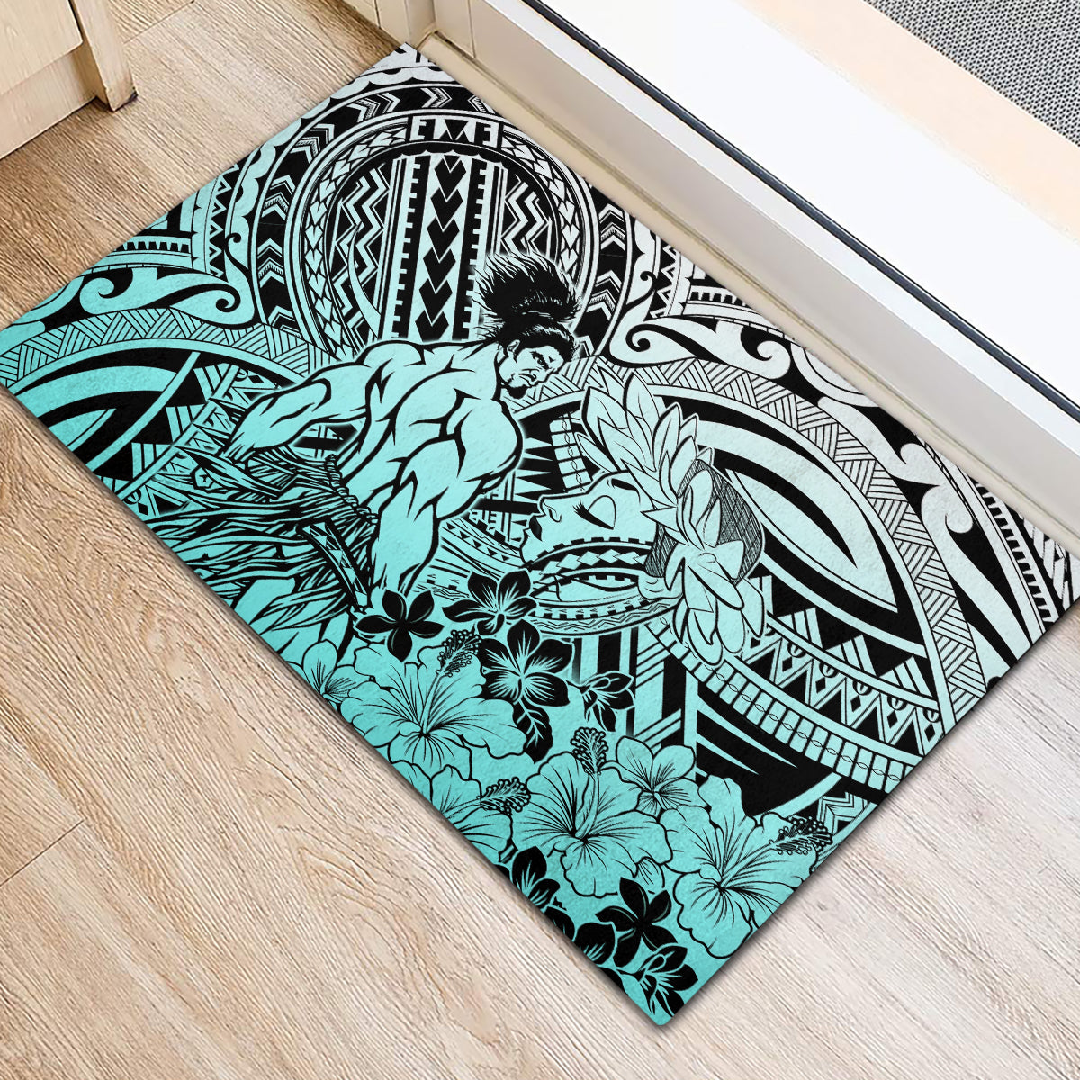 Beauty and The Warrior Polynesian Valentine Rubber Doormat Hibiscus FLowers Turquoise Style LT9 - Polynesian Pride