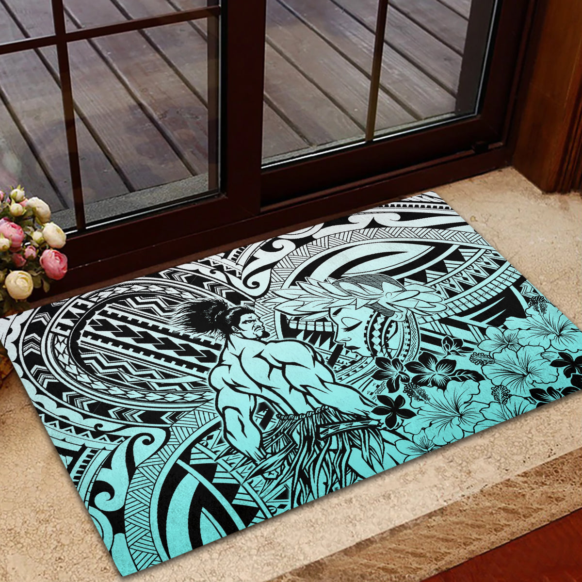 Beauty and The Warrior Polynesian Valentine Rubber Doormat Hibiscus FLowers Turquoise Style LT9 - Polynesian Pride
