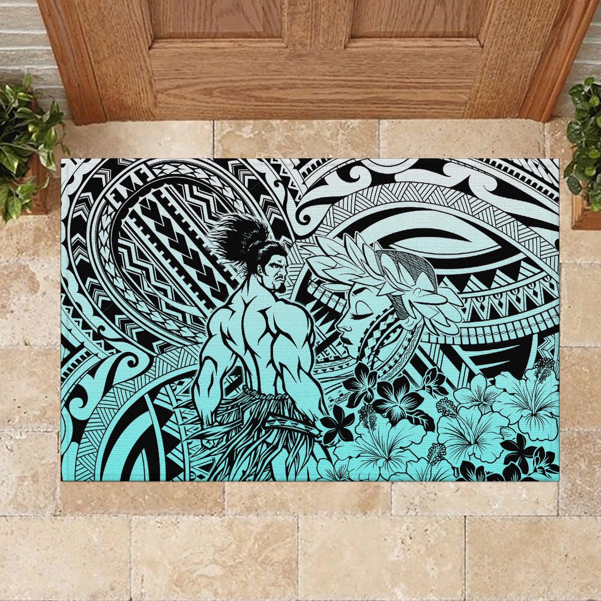 Beauty and The Warrior Polynesian Valentine Rubber Doormat Hibiscus FLowers Turquoise Style LT9 - Polynesian Pride