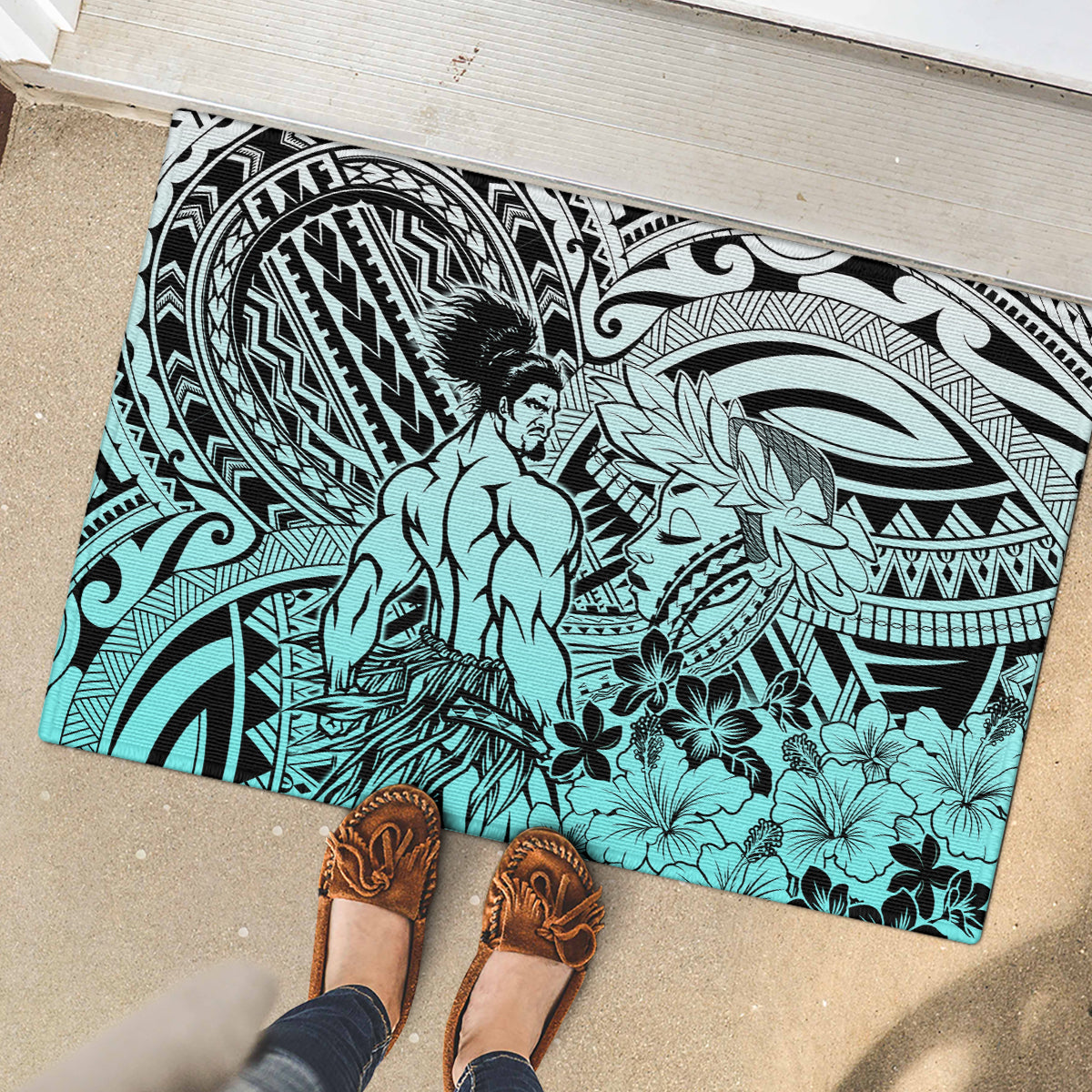 Beauty and The Warrior Polynesian Valentine Rubber Doormat Hibiscus FLowers Turquoise Style LT9 - Polynesian Pride