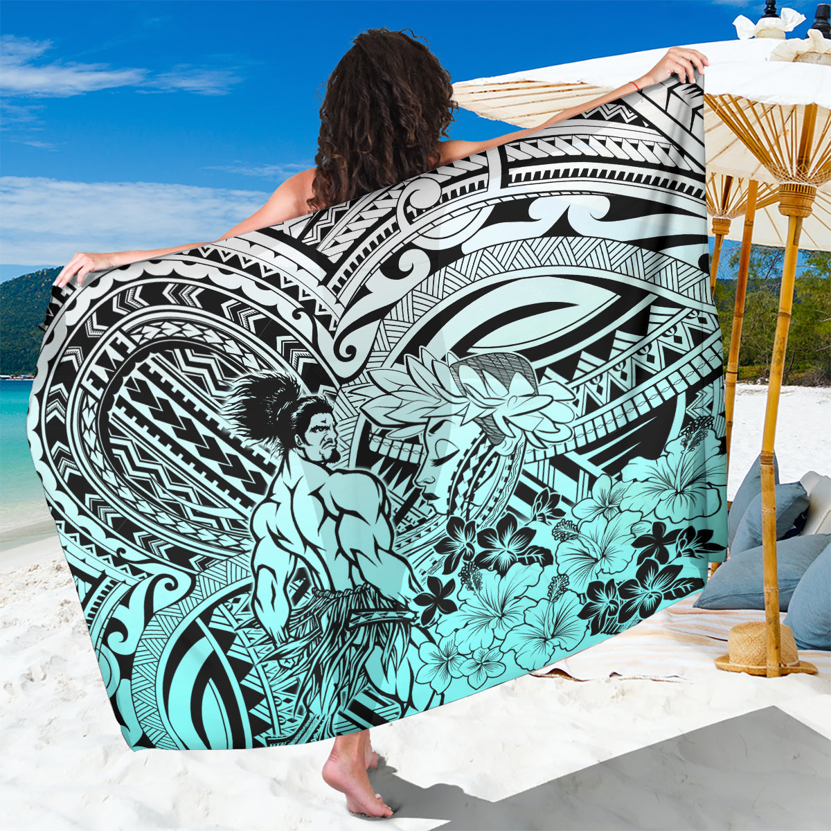 Beauty and The Warrior Polynesian Valentine Sarong Hibiscus FLowers Turquoise Style LT9 One Size 44 x 66 inches Turquoise - Polynesian Pride