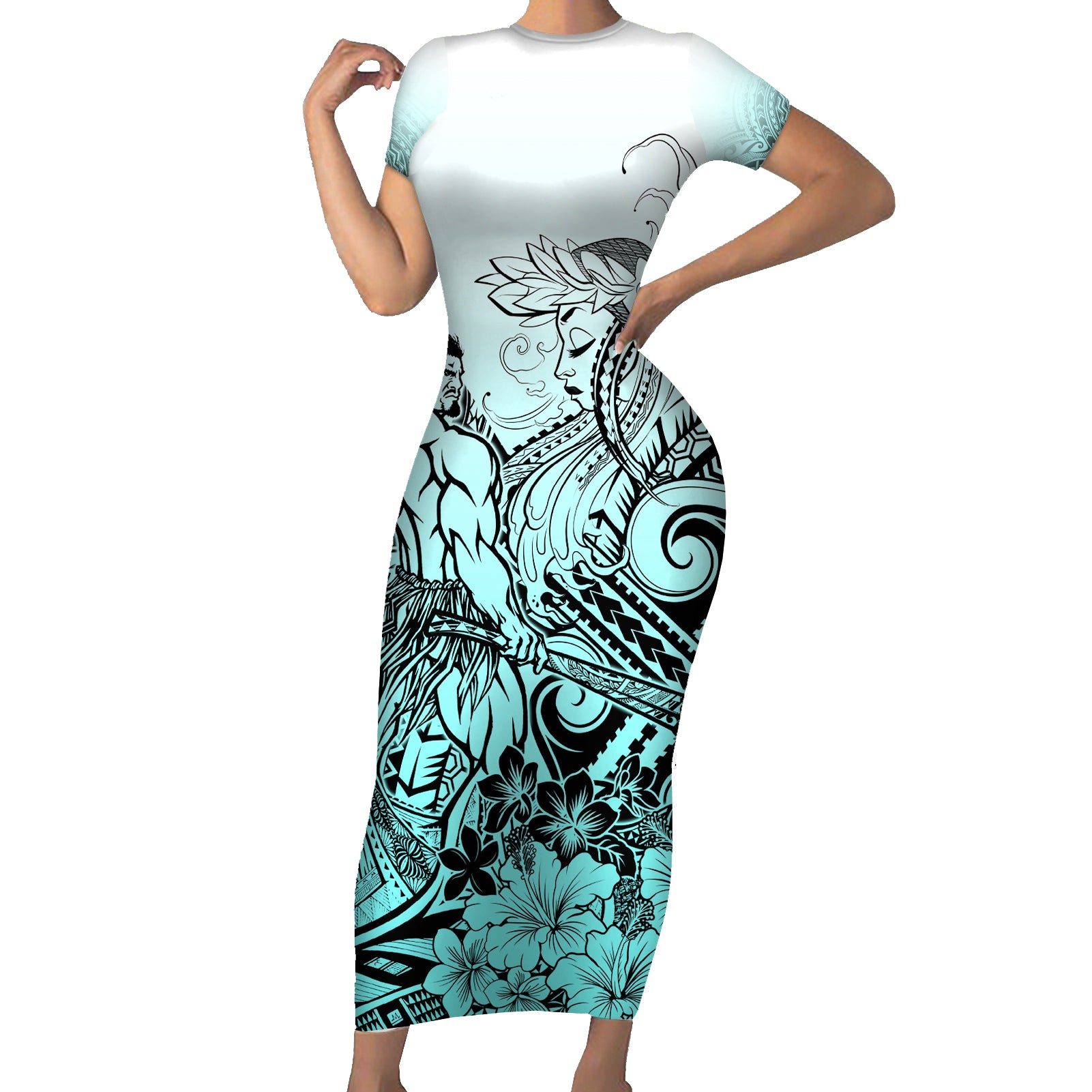 Beauty and The Warrior Polynesian Valentine Short Sleeve Bodycon Dress Hibiscus FLowers Turquoise Style LT9 Long Dress Turquoise - Polynesian Pride