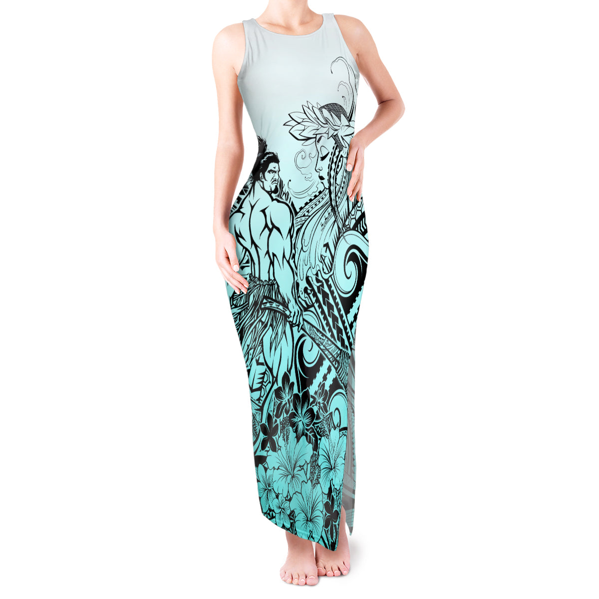 Beauty and The Warrior Polynesian Valentine Tank Maxi Dress Hibiscus FLowers Turquoise Style LT9 Women Turquoise - Polynesian Pride