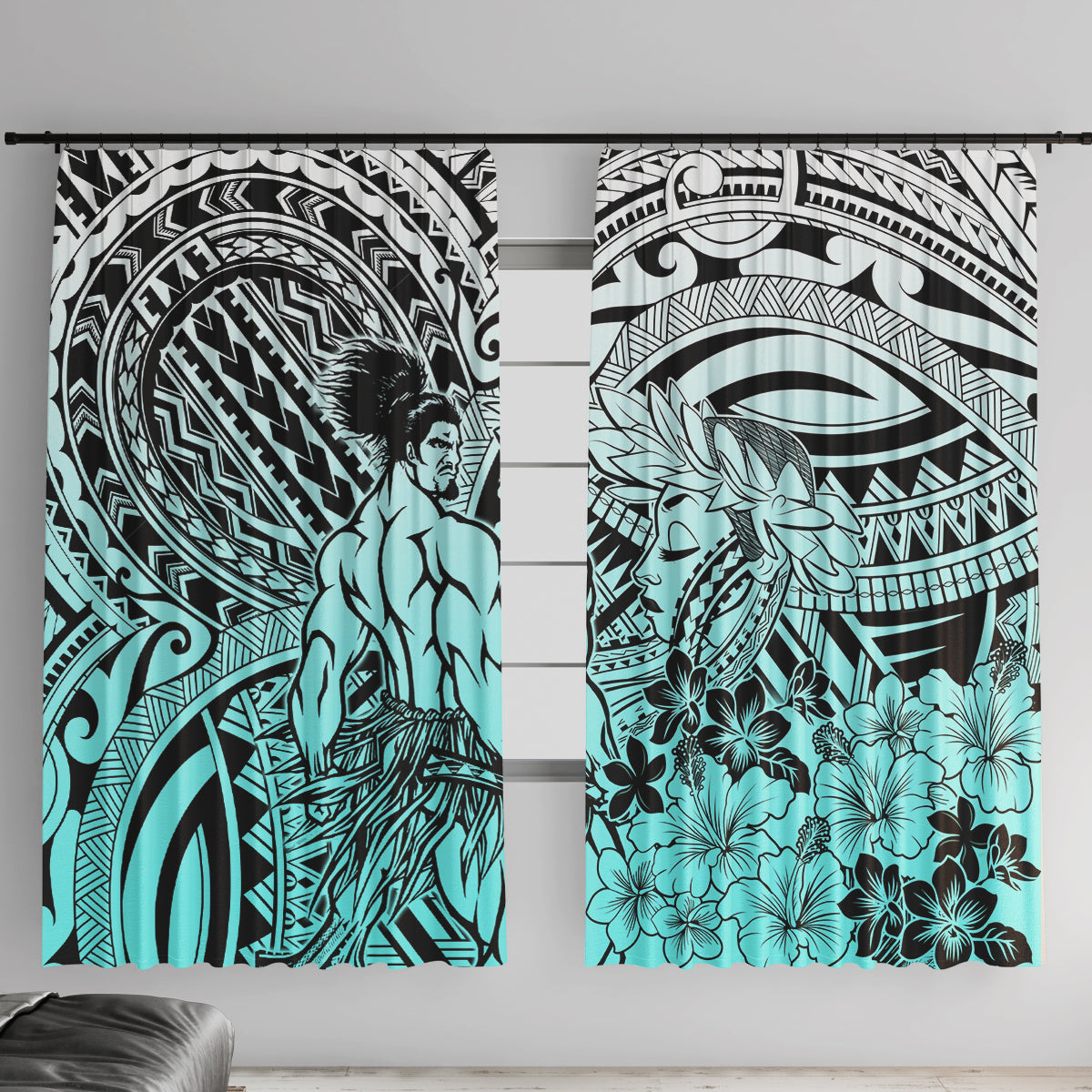 Beauty and The Warrior Polynesian Valentine Window Curtain Hibiscus FLowers Turquoise Style LT9 With Hooks Turquoise - Polynesian Pride