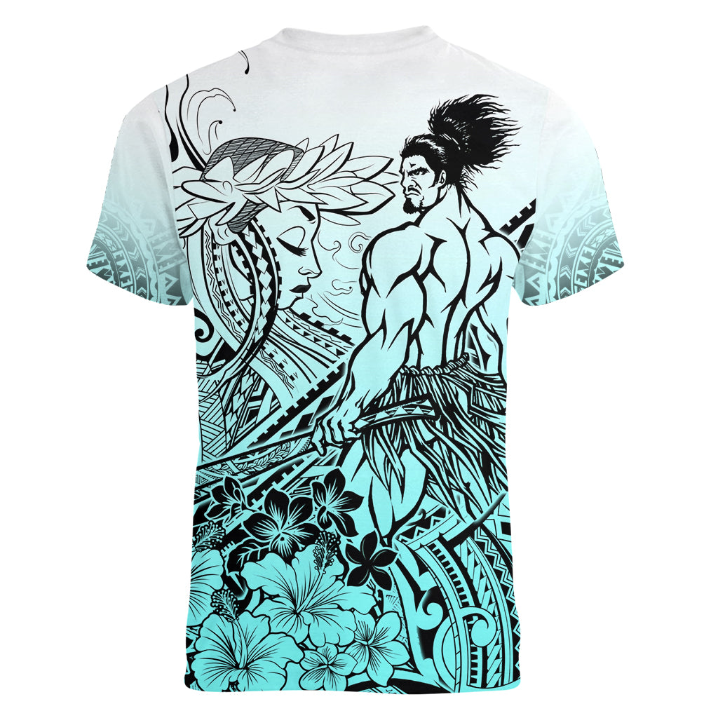 Beauty and The Warrior Polynesian Valentine Women V Neck T Shirt Hibiscus FLowers Turquoise Style LT9 - Polynesian Pride