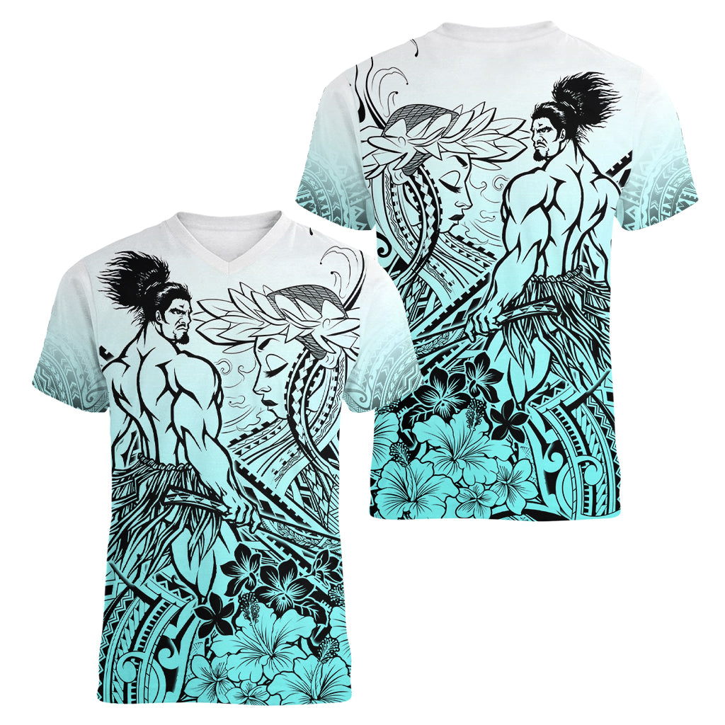 Beauty and The Warrior Polynesian Valentine Women V Neck T Shirt Hibiscus FLowers Turquoise Style LT9 - Polynesian Pride