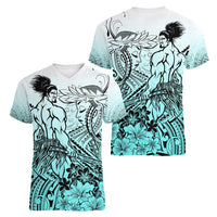 Beauty and The Warrior Polynesian Valentine Women V Neck T Shirt Hibiscus FLowers Turquoise Style LT9 - Polynesian Pride