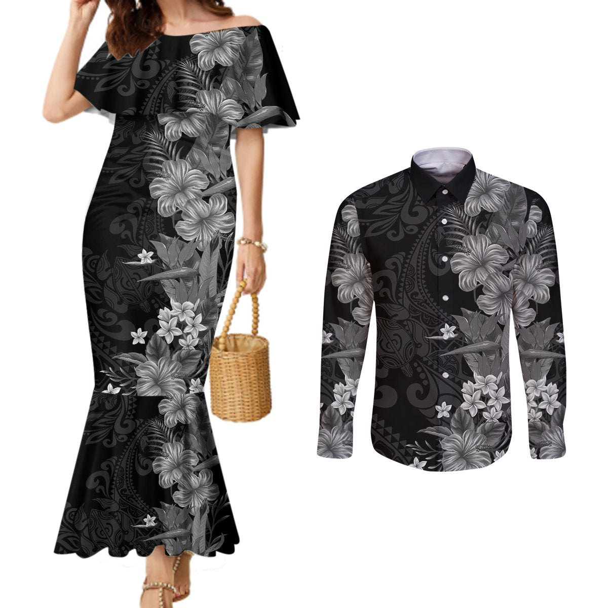 Hawaii Tropical Flowers Tribal Pattern Couples Matching Mermaid Dress and Long Sleeve Button Shirt Black Style LT9 Black - Polynesian Pride