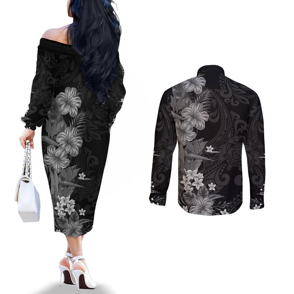 Hawaii Tropical Flowers Tribal Pattern Couples Matching Off The Shoulder Long Sleeve Dress and Long Sleeve Button Shirt Black Style LT9 - Polynesian Pride