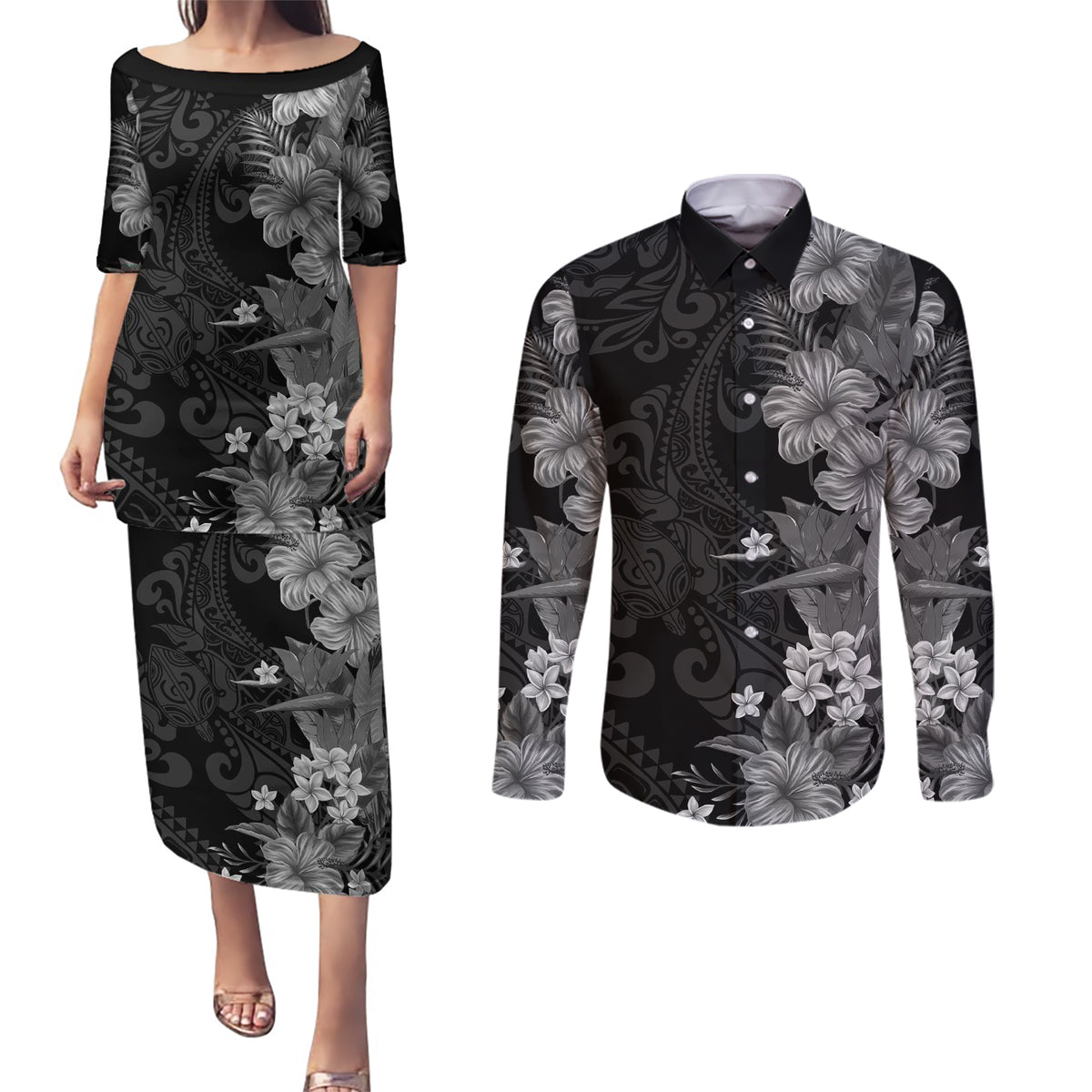 Hawaii Tropical Flowers Tribal Pattern Couples Matching Puletasi and Long Sleeve Button Shirt Black Style LT9 Black - Polynesian Pride