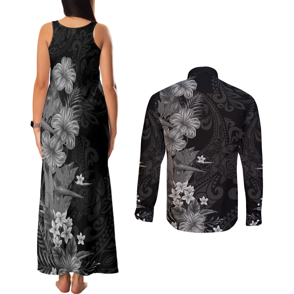 Hawaii Tropical Flowers Tribal Pattern Couples Matching Tank Maxi Dress and Long Sleeve Button Shirt Black Style LT9 - Polynesian Pride