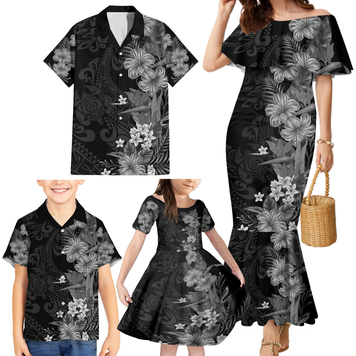 Hawaii Tropical Flowers Tribal Pattern Family Matching Mermaid Dress and Hawaiian Shirt Black Style LT9 - Polynesian Pride