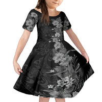 Hawaii Tropical Flowers Tribal Pattern Family Matching Off Shoulder Maxi Dress and Hawaiian Shirt Black Style LT9 Daughter's Dress Black - Polynesian Pride