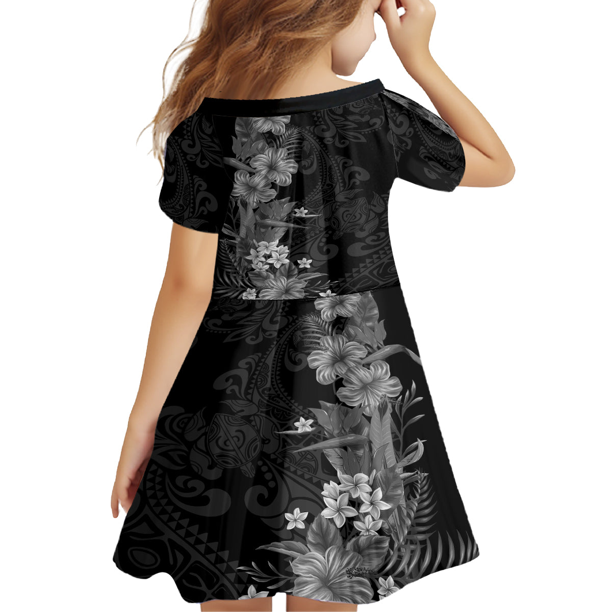 Hawaii Tropical Flowers Tribal Pattern Family Matching Off Shoulder Maxi Dress and Hawaiian Shirt Black Style LT9 - Polynesian Pride