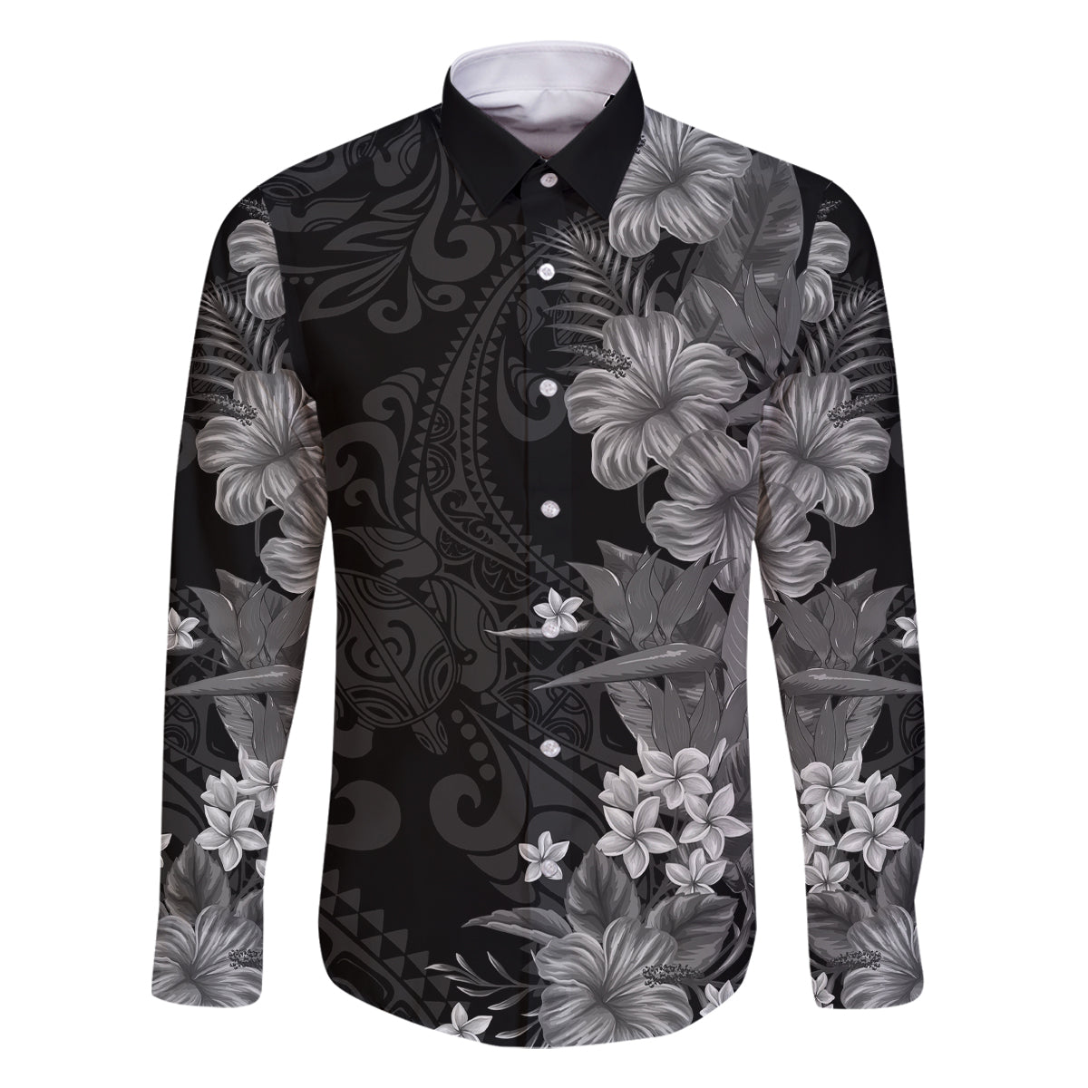 Hawaii Tropical Flowers Tribal Pattern Family Matching Off Shoulder Maxi Dress and Hawaiian Shirt Black Style LT9 Dad's Shirt - Long Sleeve Black - Polynesian Pride