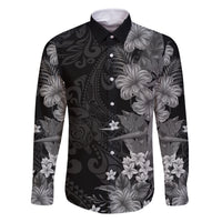 Hawaii Tropical Flowers Tribal Pattern Family Matching Off Shoulder Maxi Dress and Hawaiian Shirt Black Style LT9 Dad's Shirt - Long Sleeve Black - Polynesian Pride