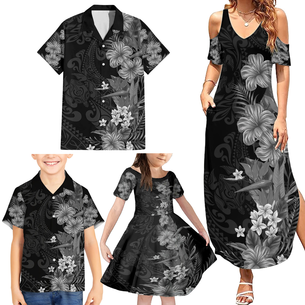 Hawaii Tropical Flowers Tribal Pattern Family Matching Summer Maxi Dress and Hawaiian Shirt Black Style LT9 - Polynesian Pride