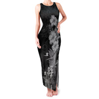 Hawaii Tropical Flowers Tribal Pattern Family Matching Tank Maxi Dress and Hawaiian Shirt Black Style LT9 Mom's Dress Black - Polynesian Pride