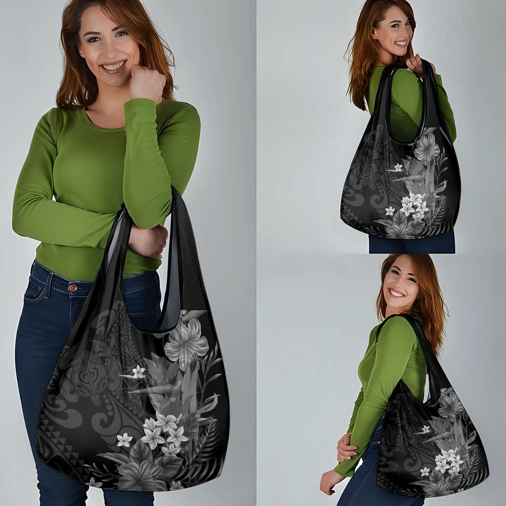 Hawaii Tropical Flowers Tribal Pattern Grocery Bag Black Style LT9 - Polynesian Pride