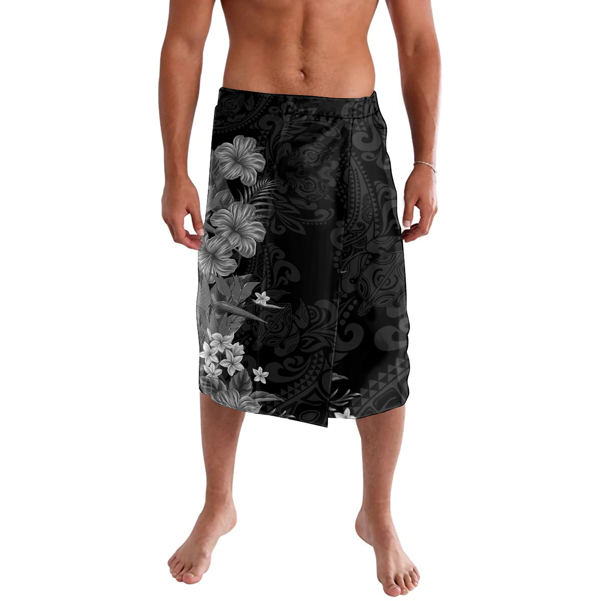 Hawaii Tropical Flowers Tribal Pattern Lavalava Black Style LT9 Black - Polynesian Pride