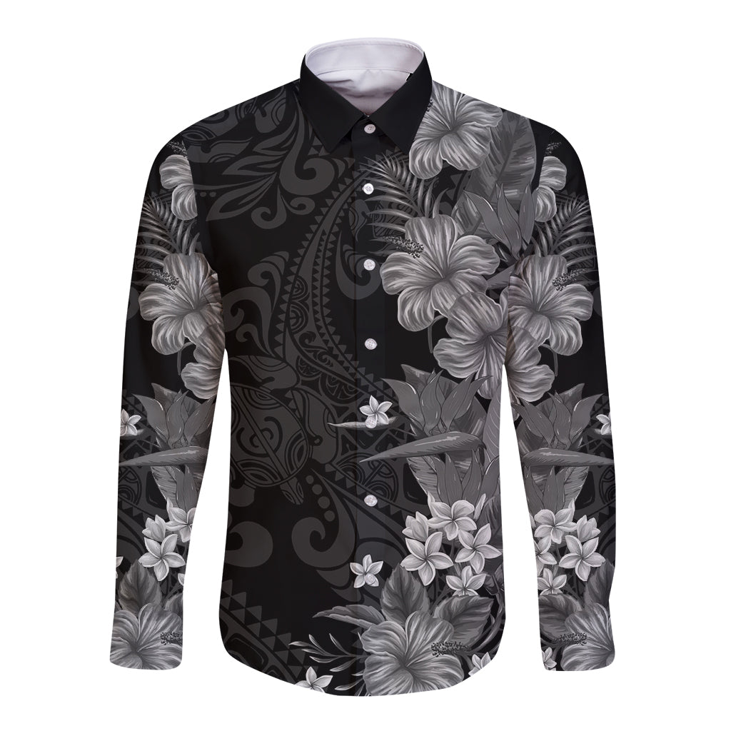 Hawaii Tropical Flowers Tribal Pattern Long Sleeve Button Shirt Black Style LT9 Unisex Black - Polynesian Pride